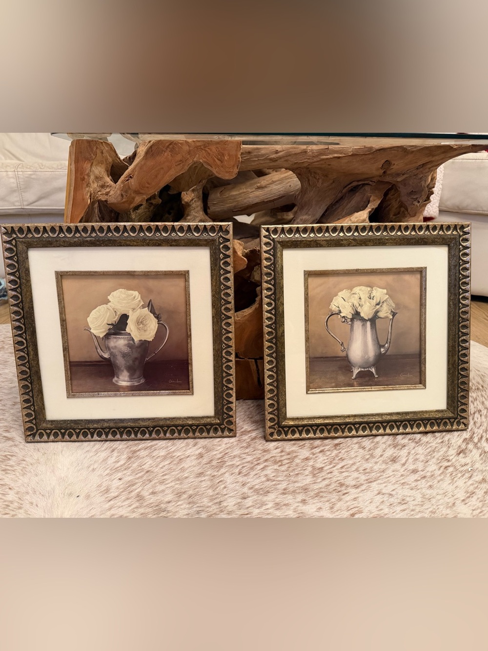 Framed Vintage-Style White Rose Prints - Set of 2 silver pitcher